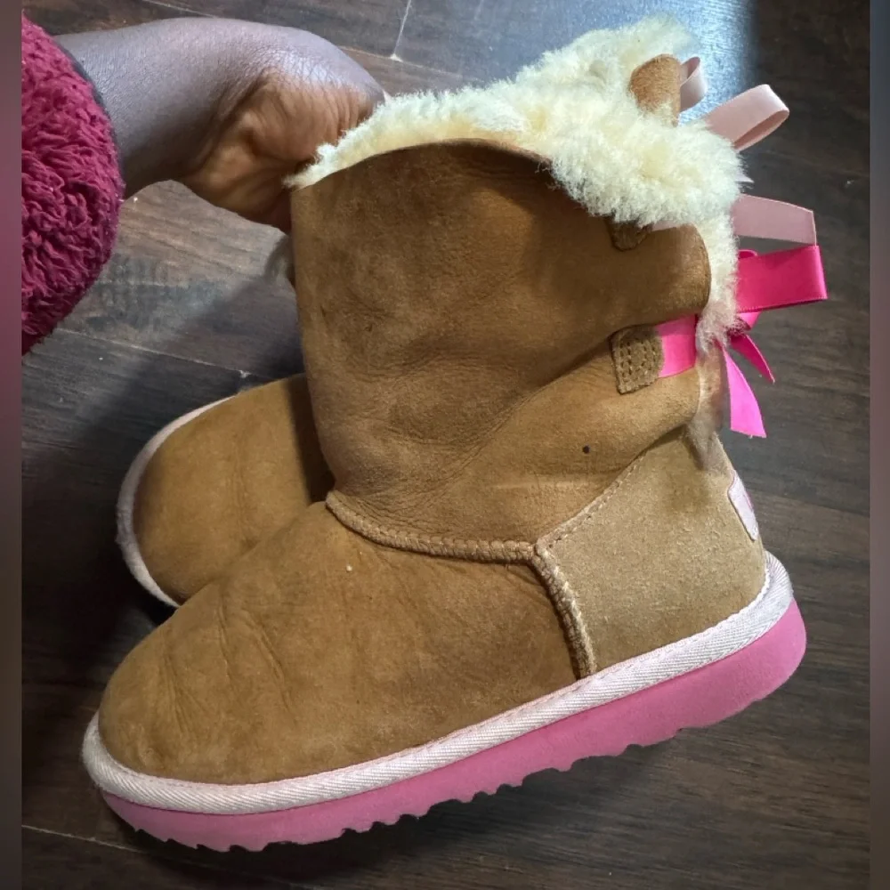 UGG Kids Tan and Pink Bailey Bow Boots